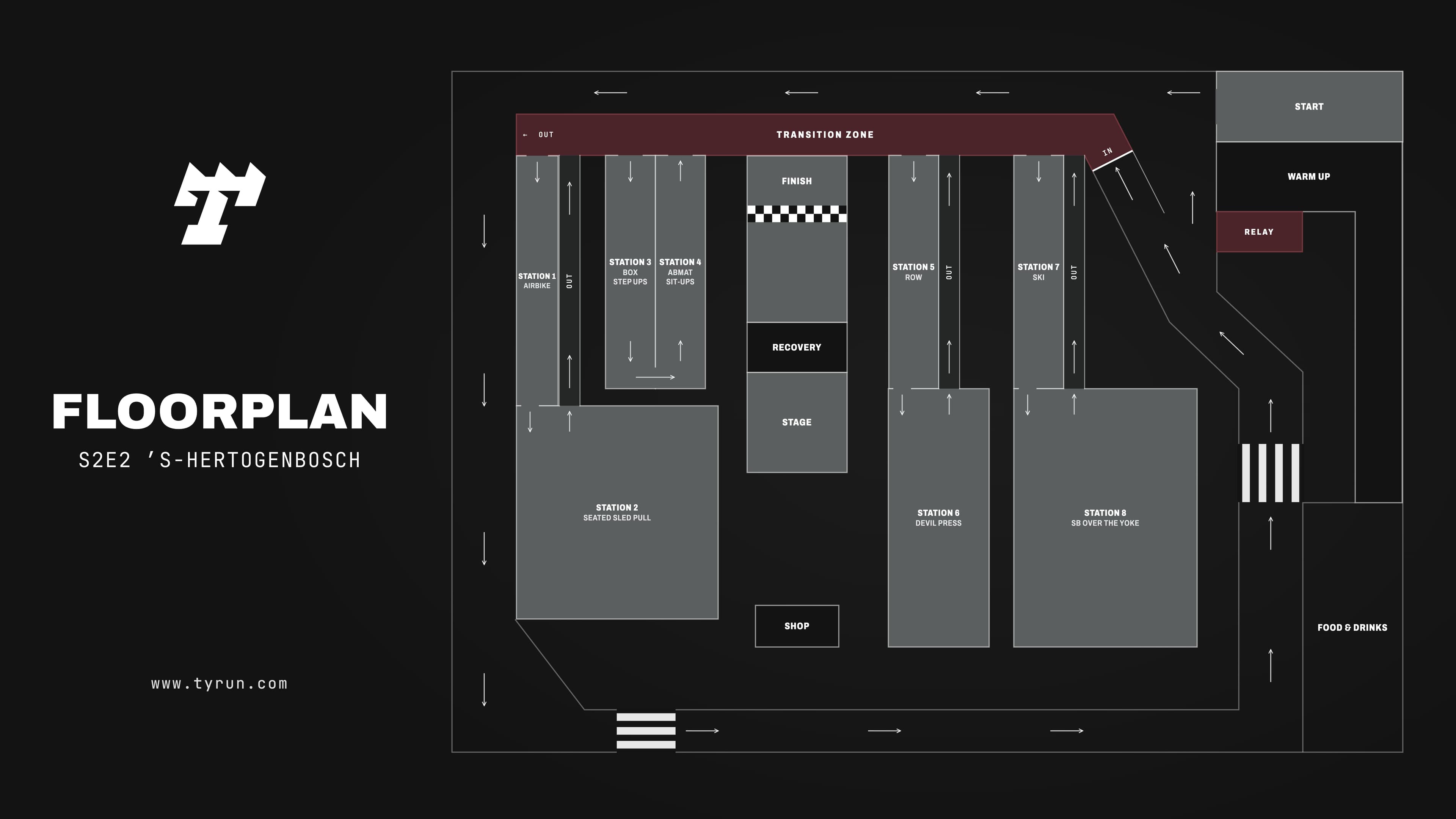 Floorplan TYRUN S2E2 ’s-Hertogenbosch (Brabanthallen): start tunnel, warm-up, relay zone, transition zone with IN and OUT, eight stations, finish, recovery, stage, shop and food & drinks